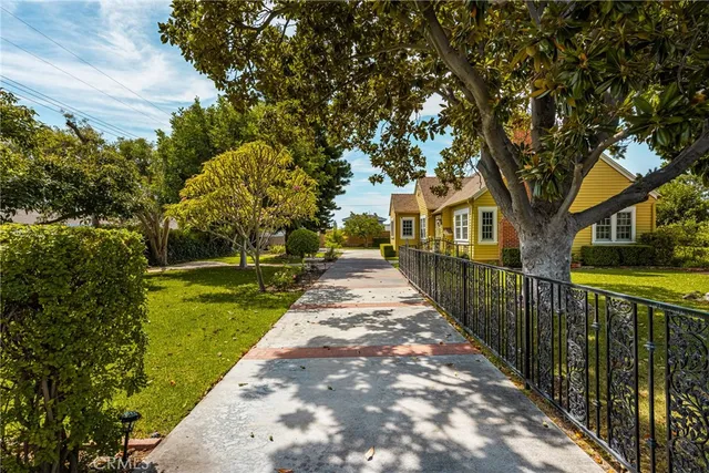 a view of a garden with large trees