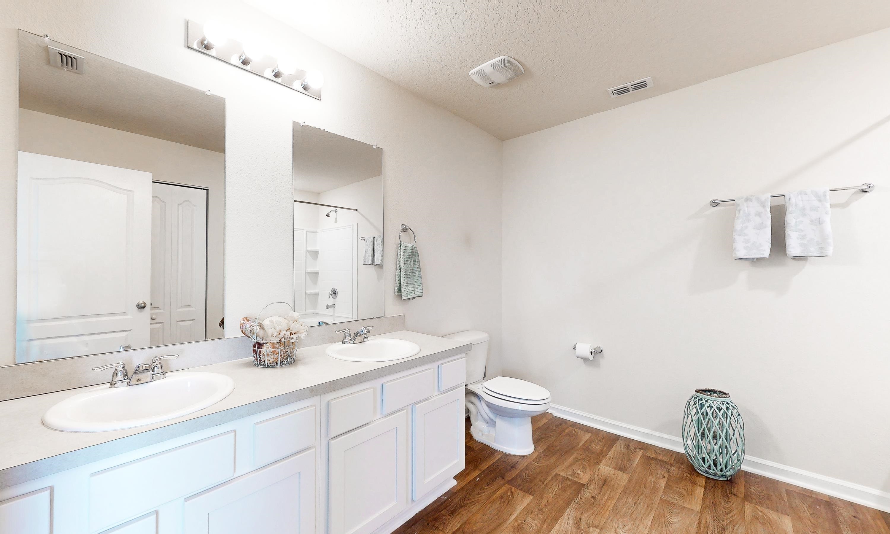 233 Falcon Ridge Road St. Augustine, FL 32084 - Photo 19 of 41 a bathroom with a double vanity sink a toilet and a mirror
