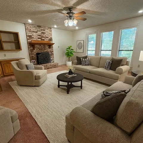 a view of a dining room with furniture