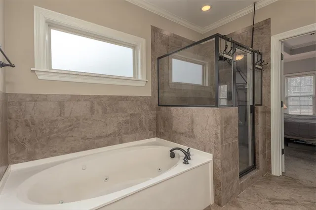 a bathroom with a bathtub and a shower