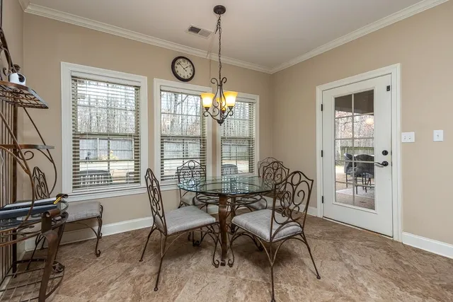 a view of a dining room with furniture window and outside view