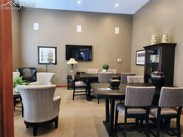 a view of a dining room with furniture