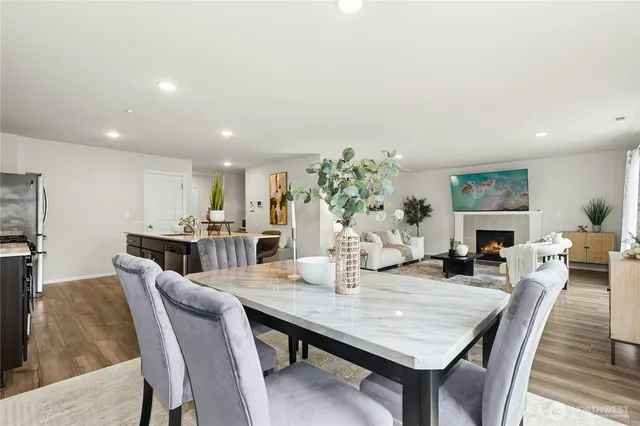a view of a dining room with furniture