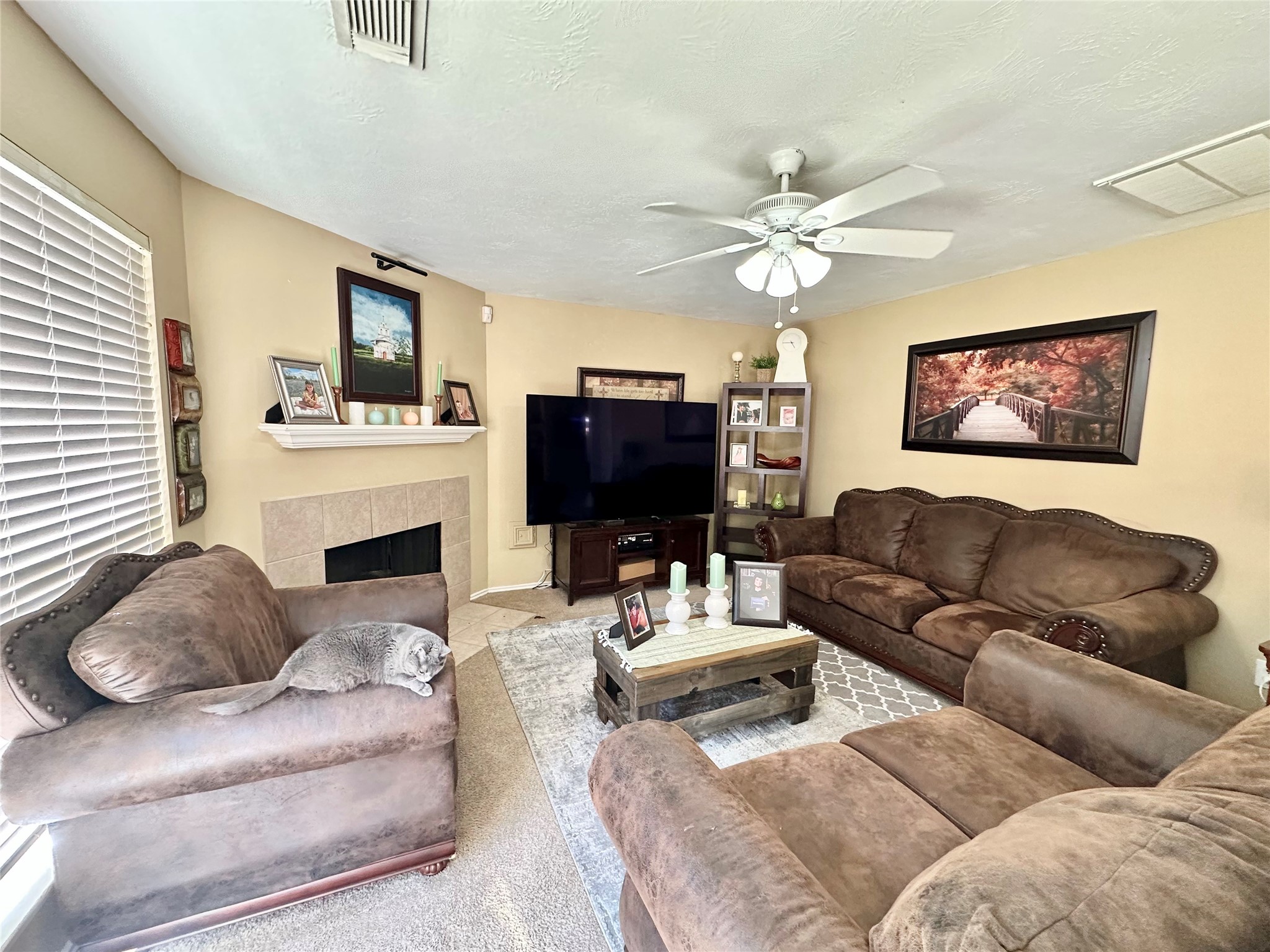 5107 Bright Oak Court Spring, TX 77373 - Photo 8 of 19 a living room with furniture a fireplace and a flat screen tv