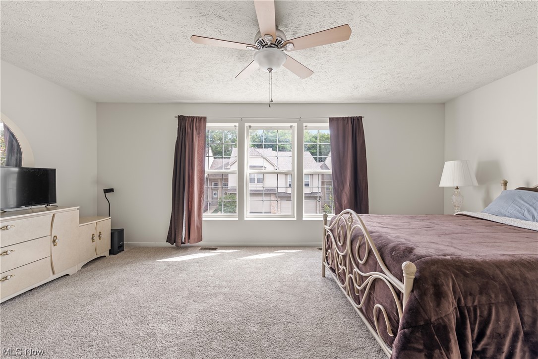 3967 Gardiner Run Akron, OH 44321 - Photo 20 of 35 Master bedroom featuring a textured ceiling, light carpet, and ceiling fan