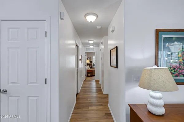 a hallway with seating space