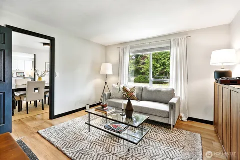 a living room with furniture a rug and a window