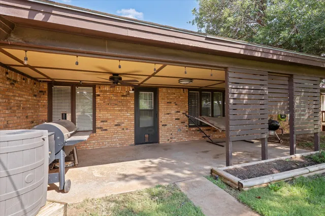 a view of a yard with plants and large trees