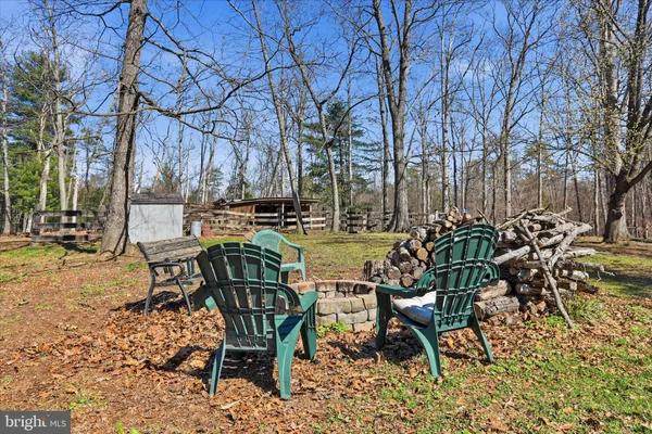 a view of a dry yard with trees in the background