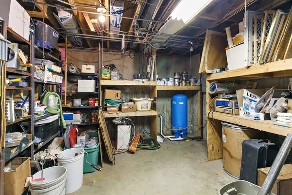 a view of a storage room with furniture