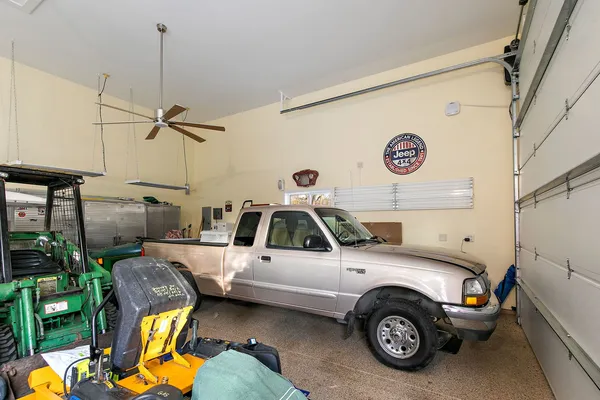 a view of a garage with storage
