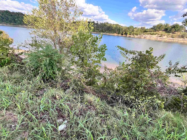 a view of a lake with houses in the back