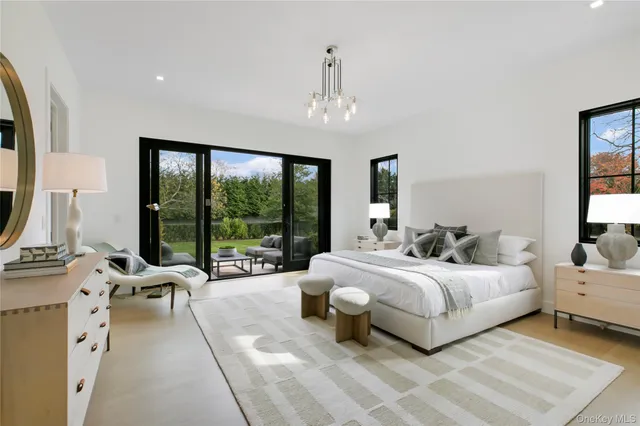 a spacious bedroom with a bed and large windows