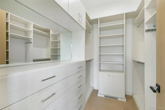 a view of walk in closet with empty racks