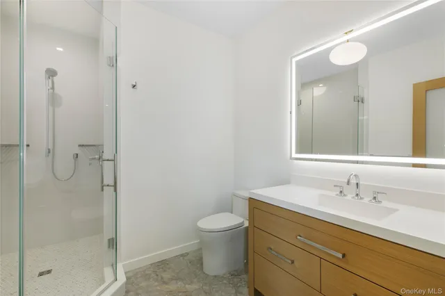 a bathroom with a granite countertop sink a toilet and shower