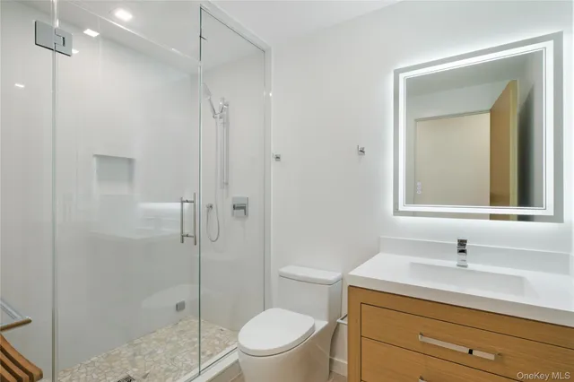 a bathroom with a sink a toilet and shower