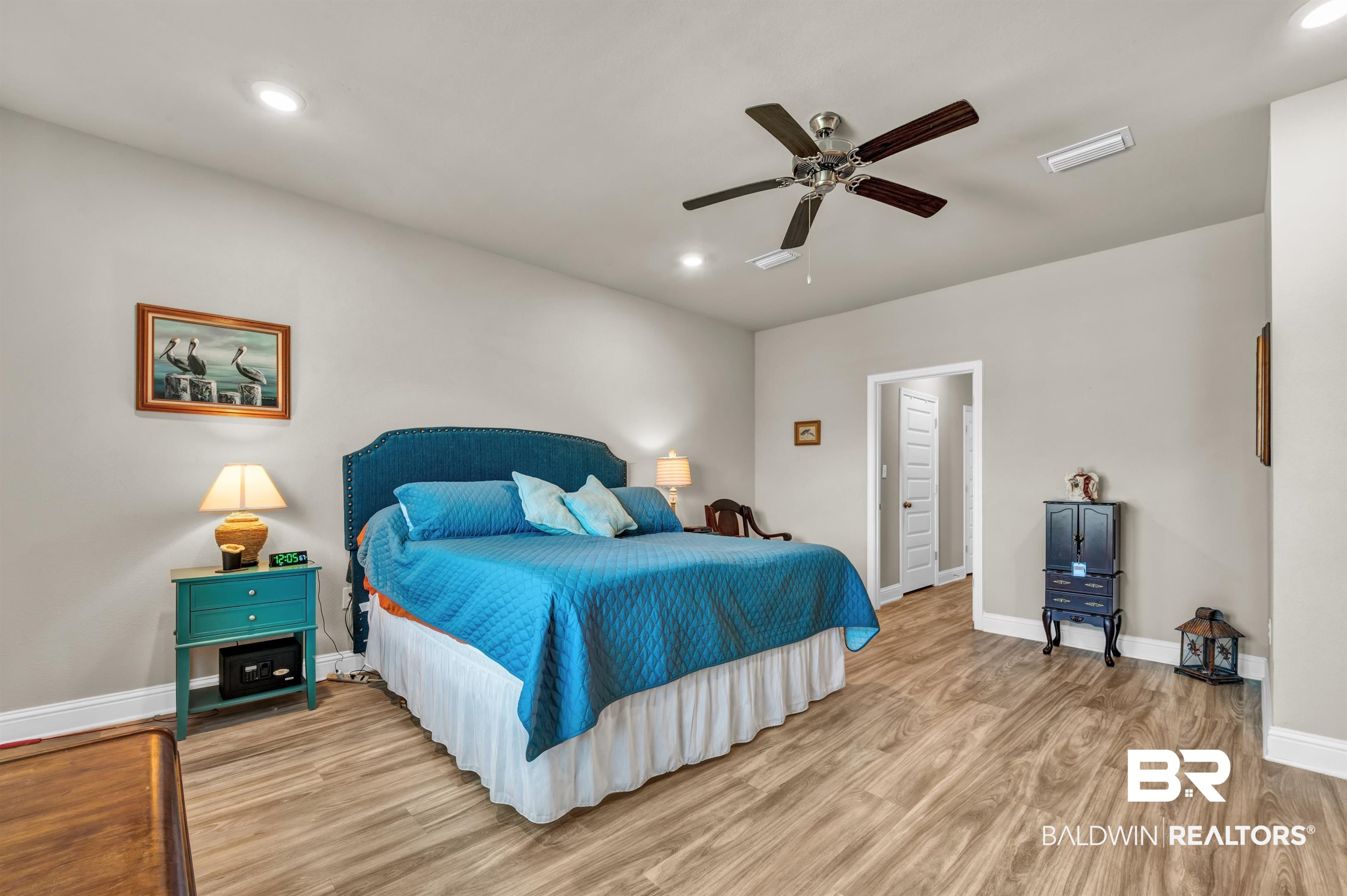 24655 Slater Mill Road Daphne, AL 36526 - Photo 18 of 36 Bedroom with light wood-style floors, baseboards, recessed lighting, and ceiling fan