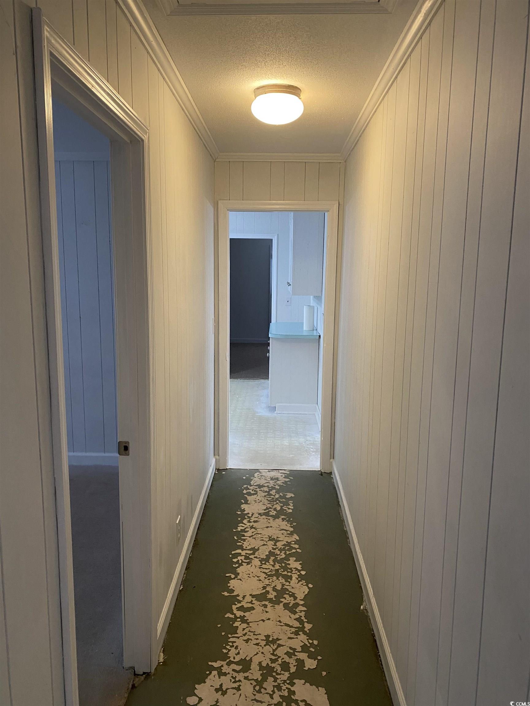 1763 St James Road Hemingway, SC 29554 - Photo 12 of 29 Hallway with a textured ceiling, wood walls, and o