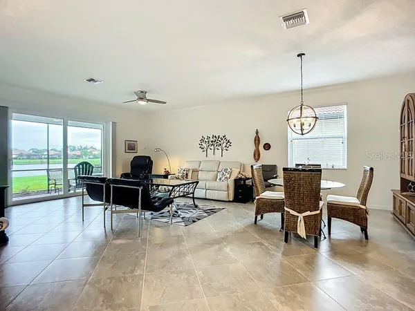 a view of a dining room with furniture window and outside view