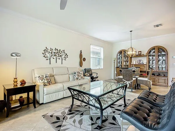 a living room with furniture a rug and a window