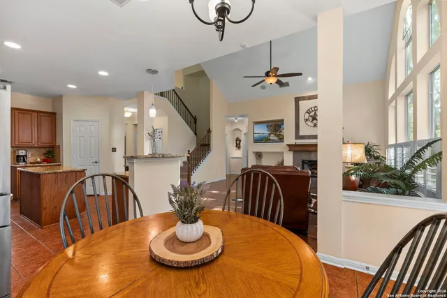 a view of a dining room with furniture