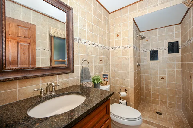 a bathroom with a granite countertop sink toilet a mirror and shower