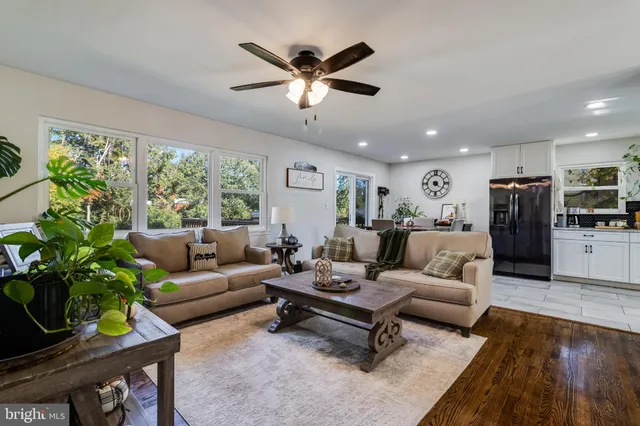 a living room with furniture ceiling fan and a rug