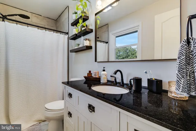 a bathroom with a sink a toilet and mirror