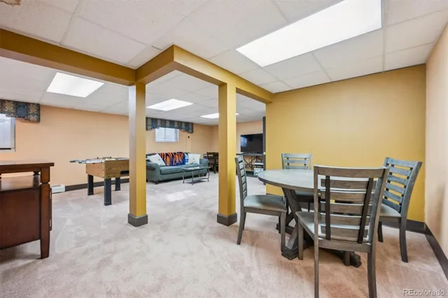 a view of a dining room with furniture