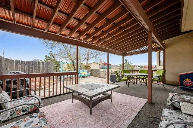 a building outdoor space with patio furniture