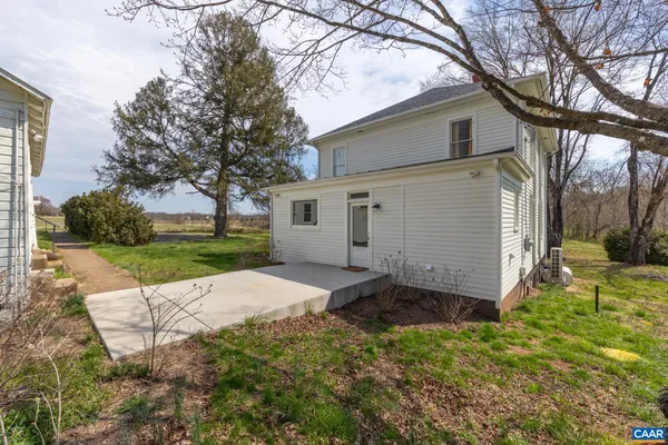 a backyard of a house with plants and large tree