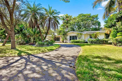 a view of house with swimming pool and green space