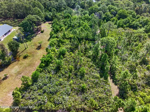 an aerial view of a house with a yard and trees all around