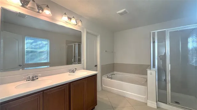 a bathroom with a tub a double vanity sink and mirror