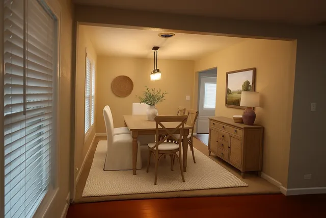a dining room with furniture and wooden floor
