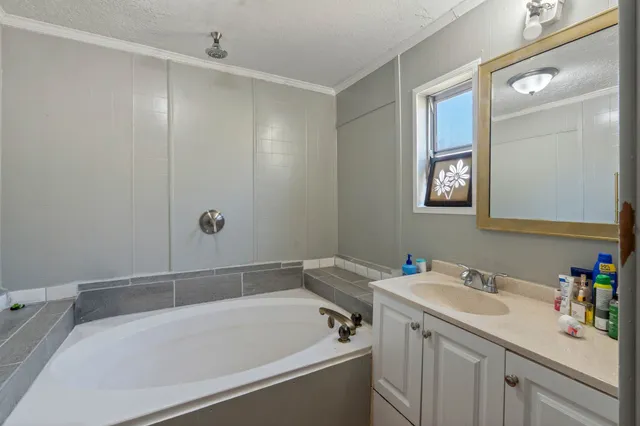 a bathroom with a tub a sink and mirror
