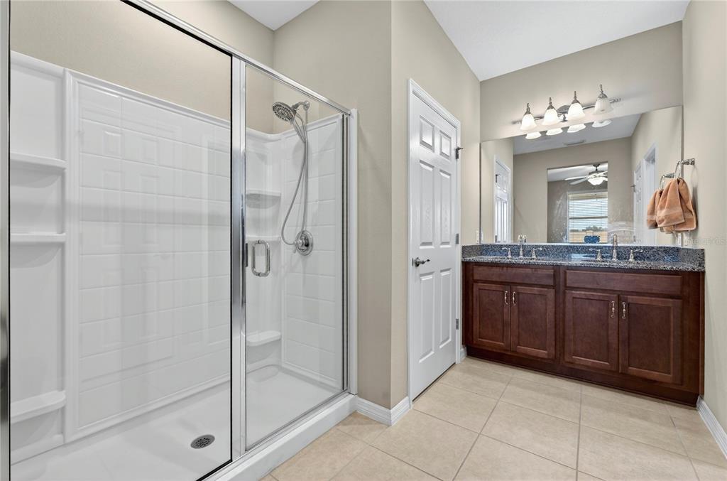 3947 Northwest 46th Ter. Ocala, FL 34482 - Photo 23 of 75 a bathroom with a granite countertop sink a mirror and a shower