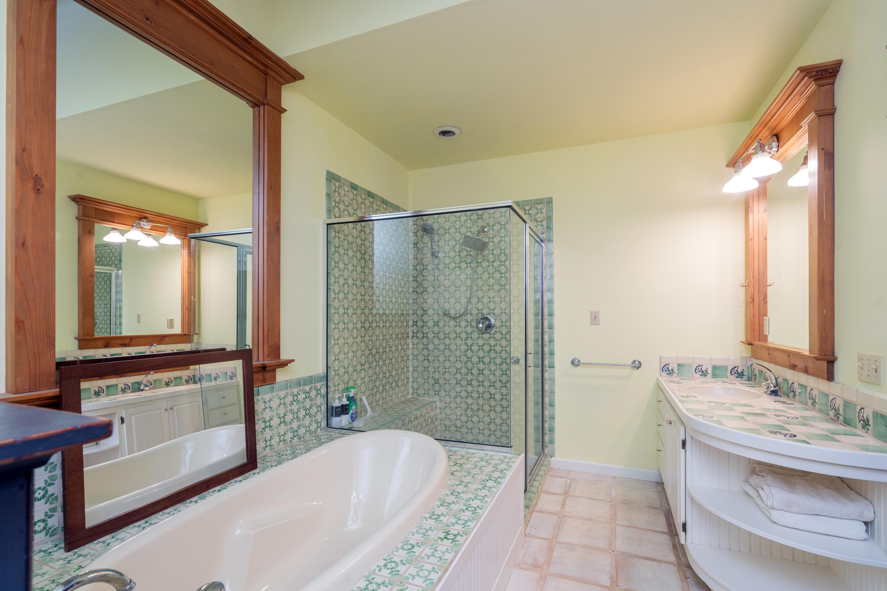 1226 County Rd X45 Norwood, CO 81423 - Photo 18 of 32 a spacious bathroom with a granite countertop tub sink a mirror a shower and vanity