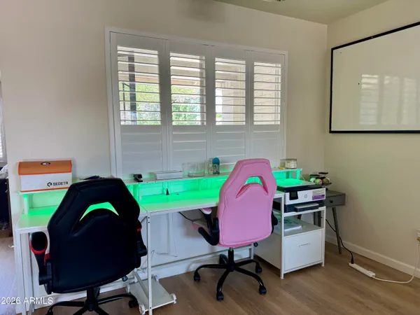 a view of a dining room with furniture