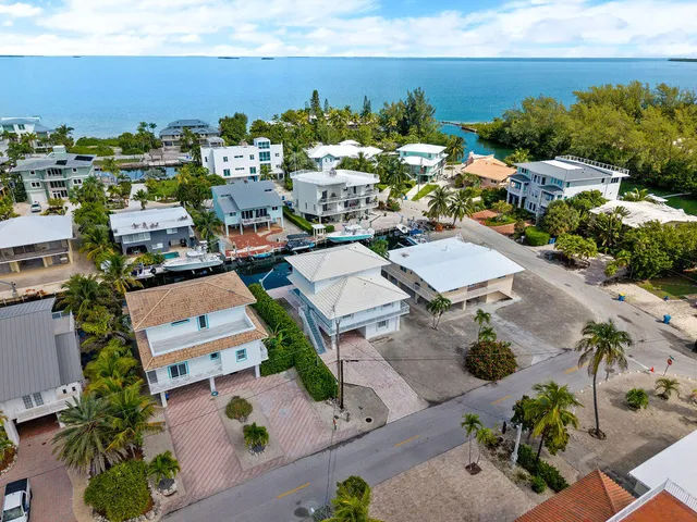 an aerial view of a houses with a yard