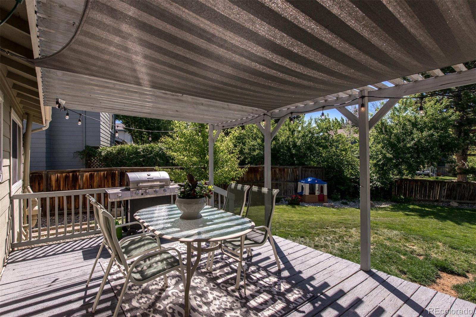 100 Prairie Ridge Road Highlands Ranch, CO 80126 - Photo 30 of 34 a view of a patio with a table chairs and a backyard