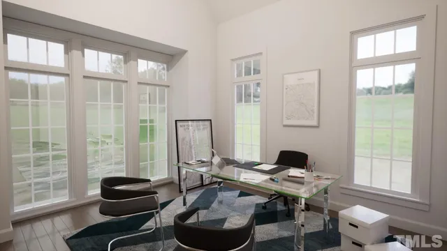 a workspace with furniture and a window