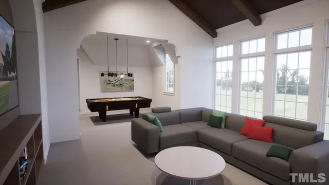 a living room with furniture and a potted plant