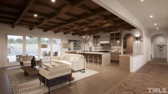 a living room with furniture and a table