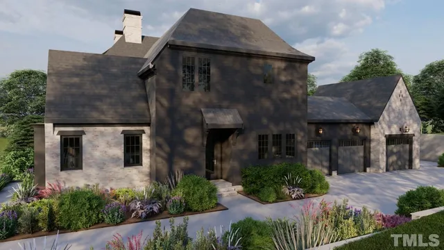 a view of a house with brick walls and flower plants