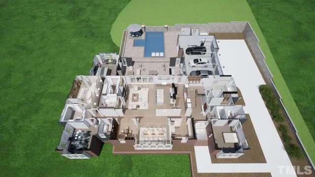 a aerial view of a residential apartment building with a yard