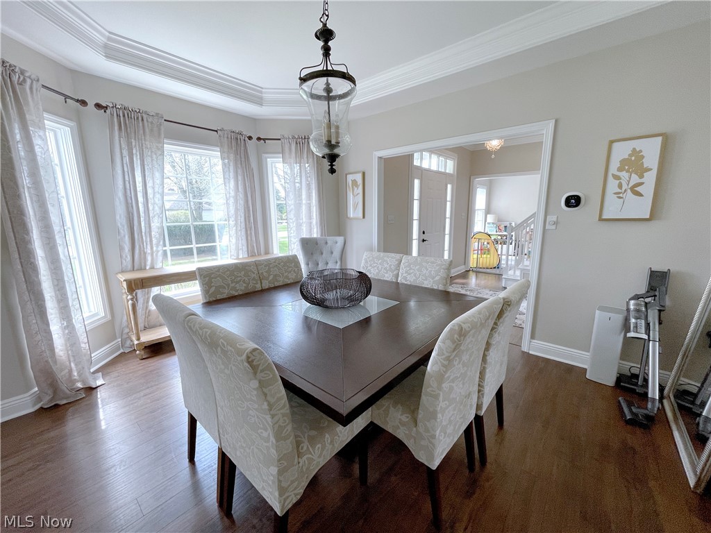718 Sunridge Road Fairlawn, OH 44333 - Photo 5 of 49 Dining area featuring a raised ceiling, plenty of natural light, a chandelier, and dark wood-type flooring