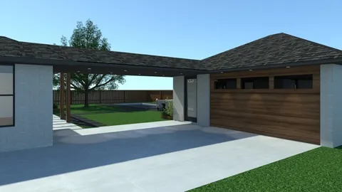 a view of a house with backyard sitting area and garden