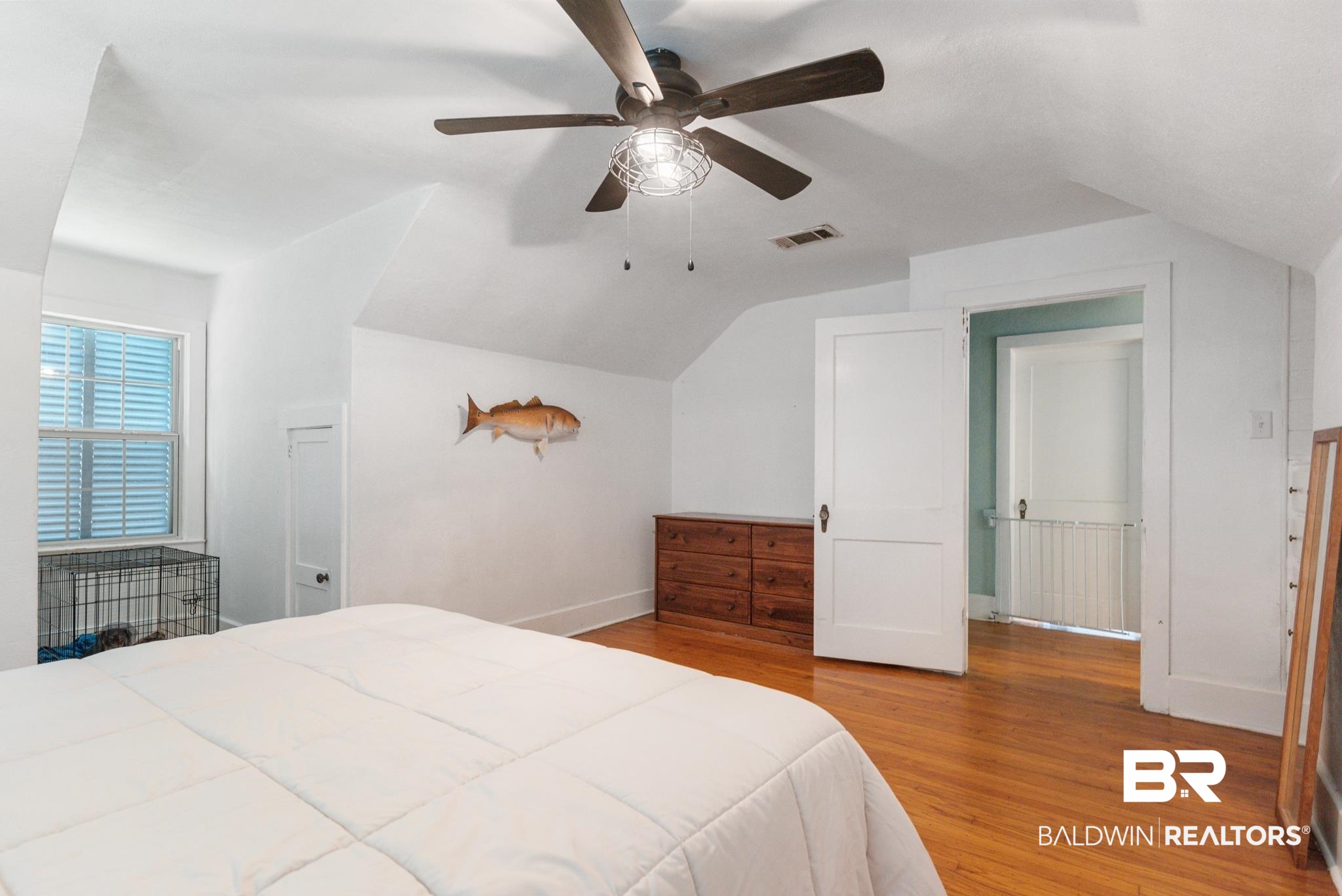 114 Crenshaw Street Mobile, AL 36606 - Photo 38 of 49 Bedroom featuring light hardwood / wood-style flooring, ceiling fan, and vaulted ceiling