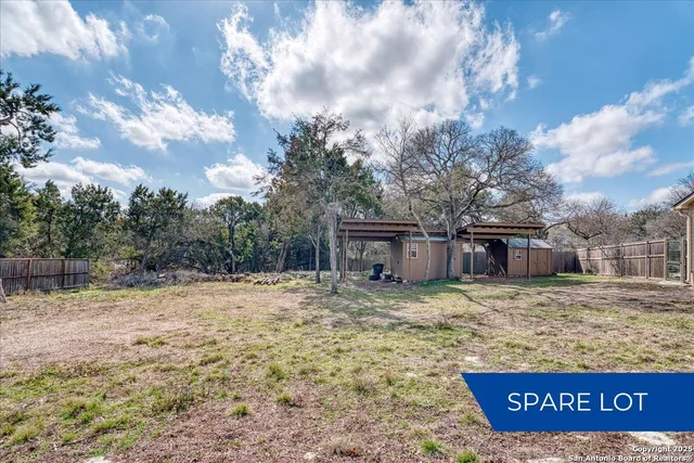 a view of a dry yard with large trees